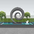 Spiral Metal Landscape Sculpture in Pool Center with Surrounding Fountains and Green Trees