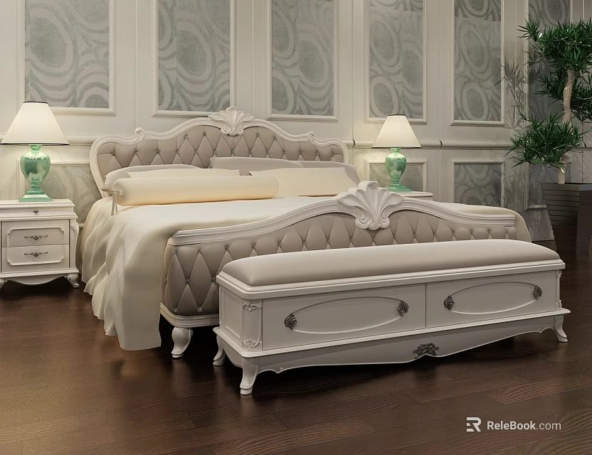 Elegant Classic Bedroom Interior With Double Bed Tufted Headboard And Bedside Lamps 3d model 