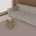 Beige Tufted Double Sofa With Patterned Cushion Round Pillow On Light Gray Rug Wooden Wall