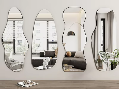 Organic Shaped Decorative Wall Mirrors For Living Room Reflecting Sofa And Plants 3d model