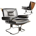 Black Leather Modern Leisure Chair With Rounded Armrests Metal Frame And Wooden Backrest