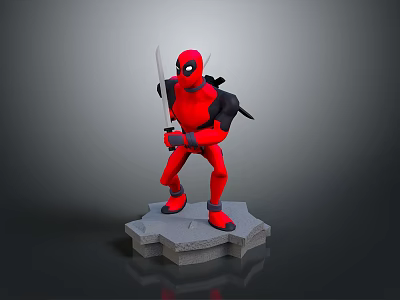 Red Character Action Figure Holding Sword on Gray Base with Black Outfit 3d model