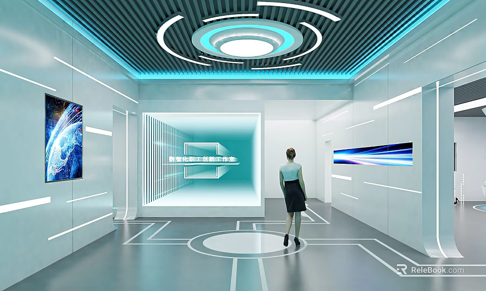 Modern Tech Inspired Exhibition Hall Interior With Circular Ceiling Lights White Walls And Futuristic Lines 3d model 