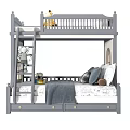 Gray Bunk Bed with Upper Guardrail Ladder Storage Drawers and Cozy Bedding 3d model