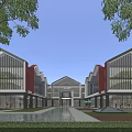 Modern Commercial Street With Glass Facades And Gabled Roofs Open Courtyard Pool And Tree Surroundings