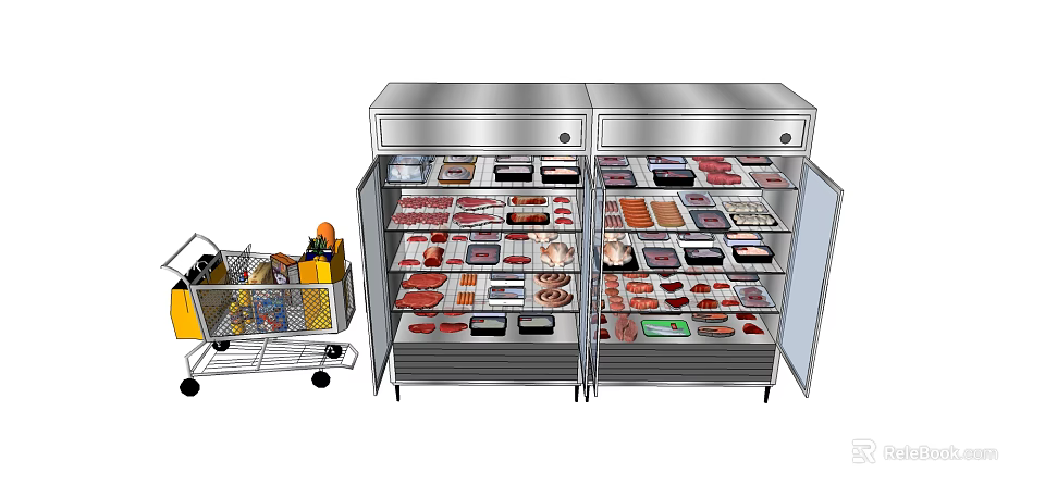 Commercial Stainless Steel Double Door Refrigerator Freezer with Meat Display and Food Storage Trolley 3d model 
