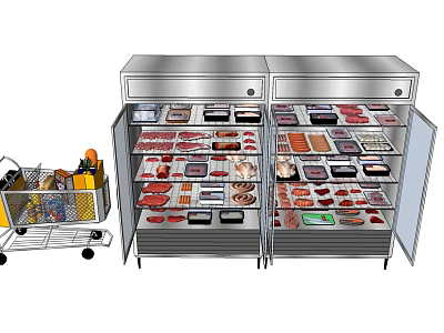 Commercial Stainless Steel Double Door Refrigerator Freezer with Meat Display and Food Storage Trolley 3d model