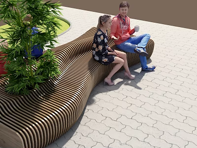 Wavy Wooden Outdoor Chair with Two People Sitting in Garden Patio 3d model