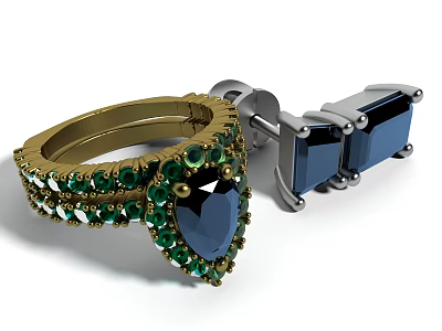 Elegant Jewelry Set Featuring Gold Ring With Blue Green Gemstones And Silver Stud Earrings 3d model