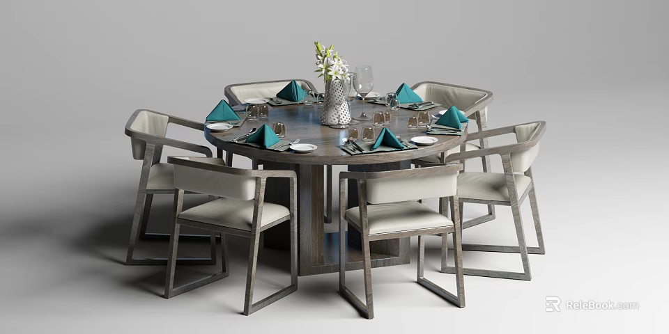 Modern Round Dining Table Set With Chairs Green Napkins And Tableware 3d model