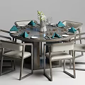 Modern Round Dining Table Set With Chairs Green Napkins And Tableware 3d model