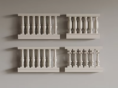 Collection Of White Balustrades With Various Designs On Grey Wall 3d model