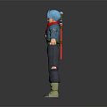 Game And Movie Character With Blue Hair Red Scarf Blue Jacket And Red Sword