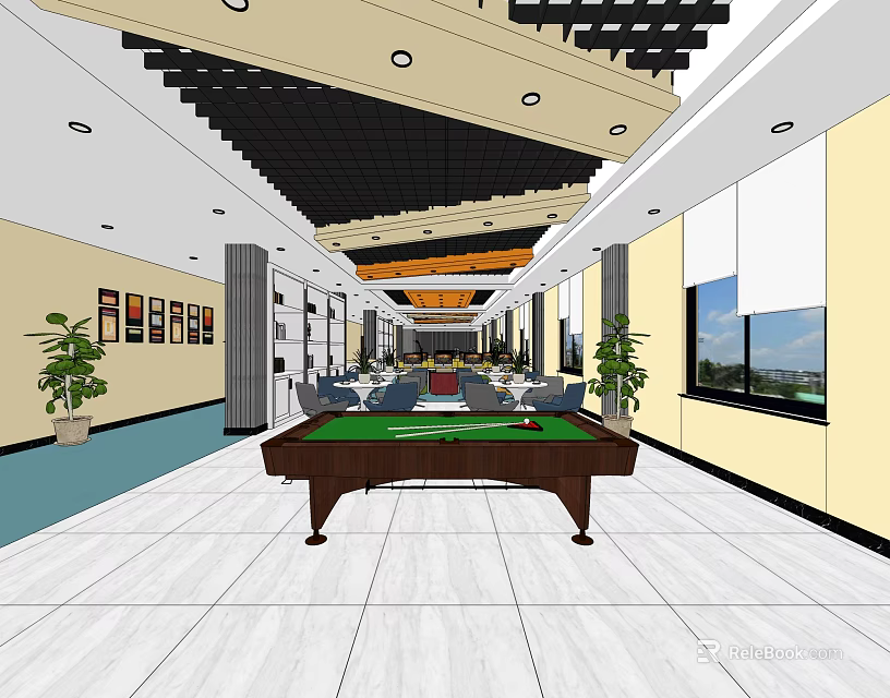 Hotel Public Lounge With Billiard Table Sofas Plants And Decorative Paintings 3d model 
