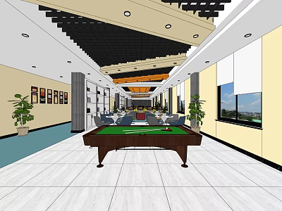 Hotel Public Lounge With Billiard Table Sofas Plants And Decorative Paintings 3d model
