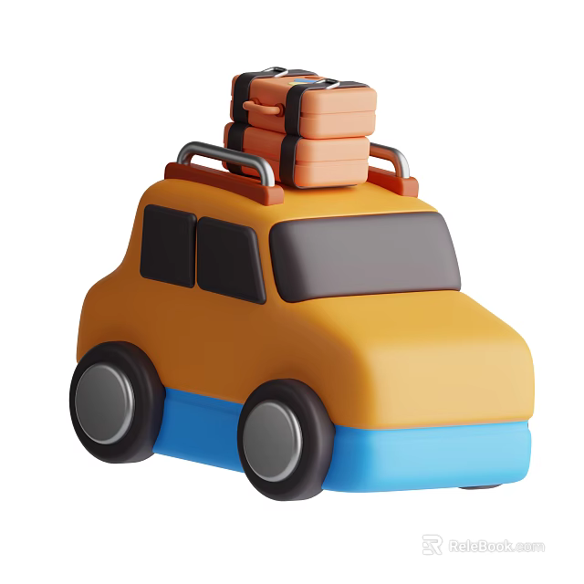 Small Yellow Car Design With Luggage Stacked On Roof For Travel 3d model 