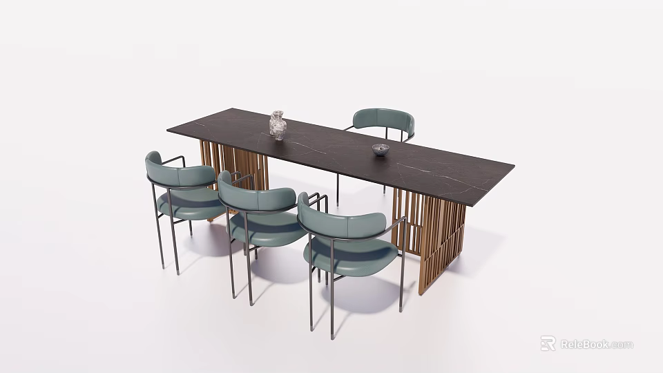 Modern Rectangular Dining Table Set With Teal Chairs And Metal Frame Design 3d model