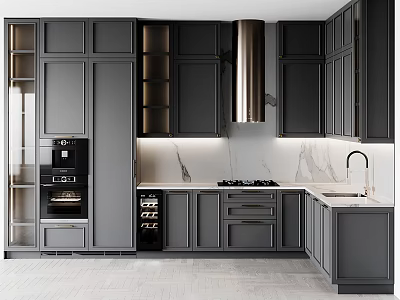 Modern Kitchen Interior Design With Dark Cabinets Marble Countertop And Stainless Steel Range Hood 3d model