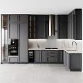 Modern Kitchen Interior Design With Dark Cabinets Marble Countertop And Stainless Steel Range Hood