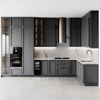 Modern Kitchen Interior Design With Dark Cabinets Marble Countertop And Stainless Steel Range Hood 3d model