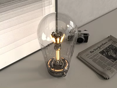 Vintage Desk Lamp with Transparent Glass Shade Retro Camera Newspaper and Striped Framed Art 3d model