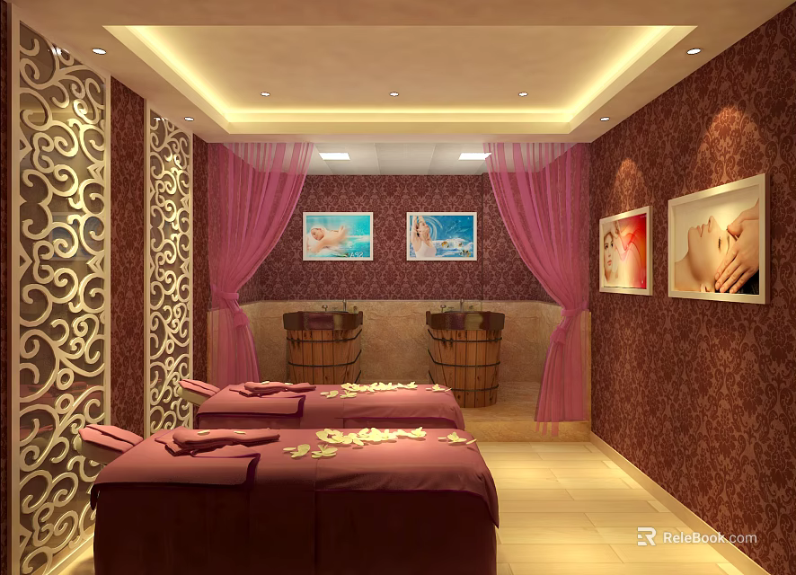 SPA Sauna Room Interior With Massage Beds Wooden Barrels Pink Curtains And Decorative Walls 3d model 
