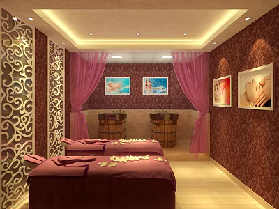 SPA Sauna Room Interior With Massage Beds Wooden Barrels Pink Curtains And Decorative Walls 3d model