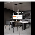 Modern Dining Table Set In Dark Kitchen With White Countertop Black Chairs And Pendant Lights