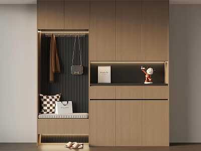 Modern Wooden Entryway Cabinet With Hanging Area Bench Pillow Storage And Decorations 3d model