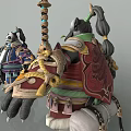 Panda Game Characters In Ornate Different Colored Costumes With Central Decorative Staff