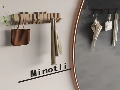 Minotli Wooden Wall Mounted Hanger With Brown Bag Gray Scarf Umbrella On Light Wall 3d model