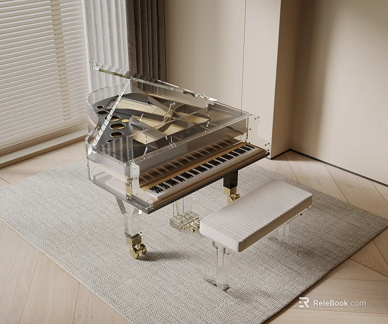 Transparent Acrylic Piano With White Bench On Gray Rug And Wooden Floor 3d model 