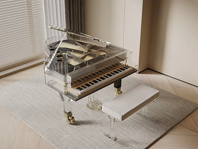 Transparent Acrylic Piano With White Bench On Gray Rug And Wooden Floor 3d model