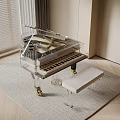 Transparent Acrylic Piano With White Bench On Gray Rug And Wooden Floor