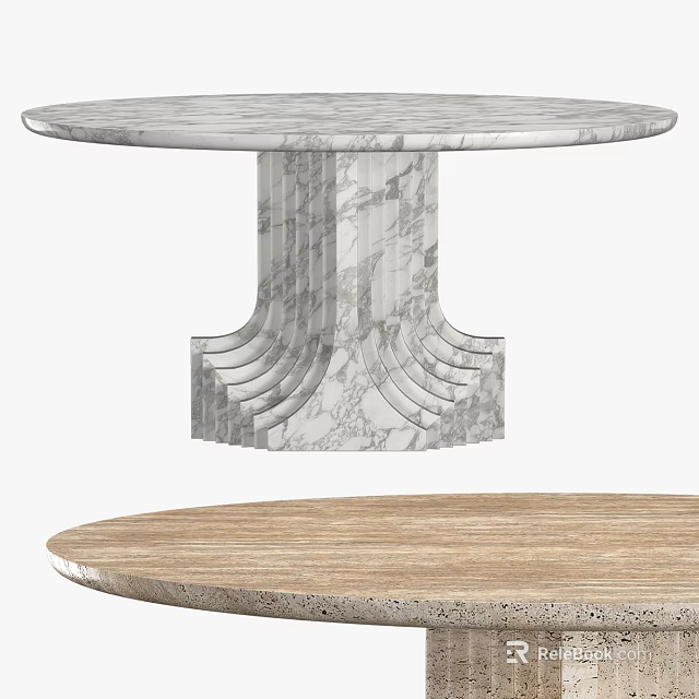 Round Dining Tables Featuring Marble And Wooden Tops With Unique Base Design 3d model 