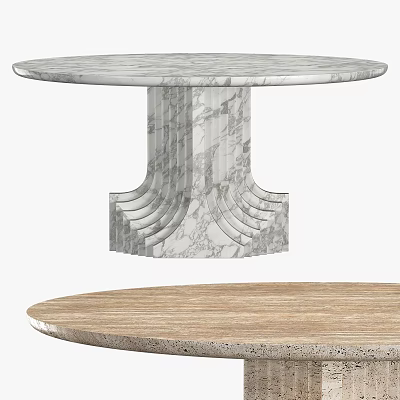 Round Dining Tables Featuring Marble And Wooden Tops With Unique Base Design 3d model