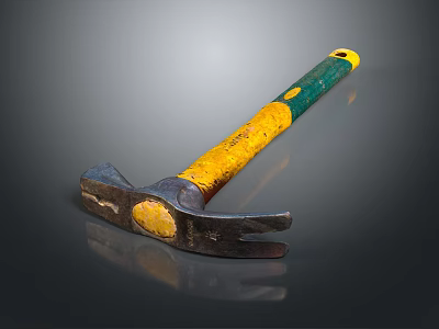 Durable Hardware Claw Hammer With Yellow Green Handle And Metal Head On Reflective Surface 3d model