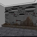 Chinese Style Bedroom Accent Wall With Silhouette Buildings Flying Birds And Mountain Decor