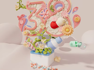 3D Typography Design With Floral Decorations Butterflies And Cartoon Elements 3d model