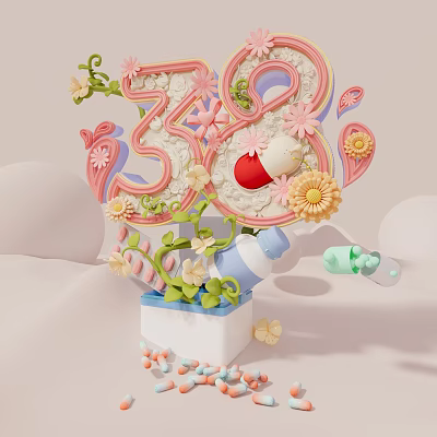 3D Typography Design With Floral Decorations Butterflies And Cartoon Elements 3d model