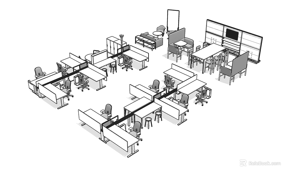 Workspace Layout With Multiple Office Desks Partitions And Ergonomic Chairs 3d model 