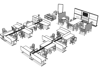 Workspace Layout With Multiple Office Desks Partitions And Ergonomic Chairs 3d model