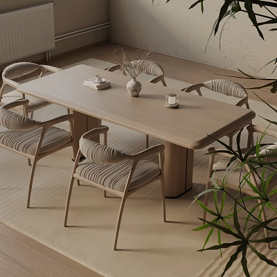 Modern Wooden Dining Table Set With Striped Chairs Decorative Plants And Natural Ambiance 3d model