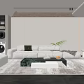 Modern Living Room Interior Design With Beige Sofa Coffee Table Green Plant And Rug