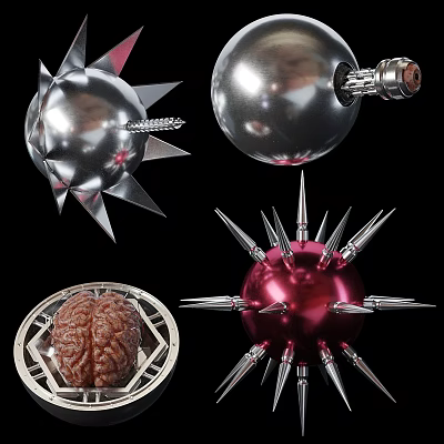 Modern Decorative Ornament Set With Spiked Spheres Brain Shaped Piece And Metal Tray 3d model