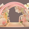 Floral Installation Design With Pink Arch White Pink Flowers Green Grass Decorative Steps And Silhouette Figure