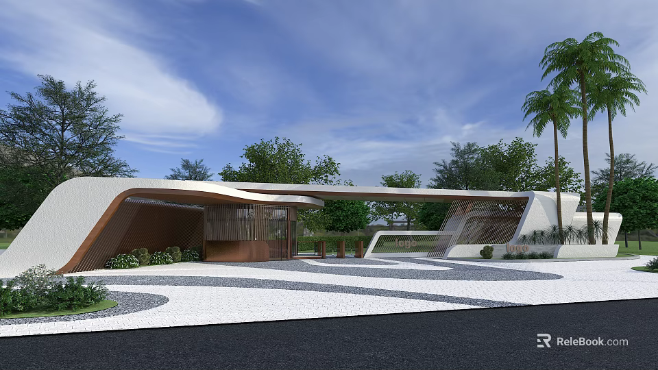 Modern Entrance Gate Design With Curved Structure Lush Greenery And Patterned Paving 3d model 