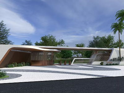 Modern Entrance Gate Design With Curved Structure Lush Greenery And Patterned Paving 3d model
