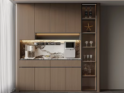 Modern Wooden Wine Cabinet With Countertop Appliances Wine Glasses And Decorative Star 3d model