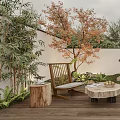 Tranquil Garden Landscape With Wooden Deck Leisure Chair Coffee Table Pine Tree And Stone Features